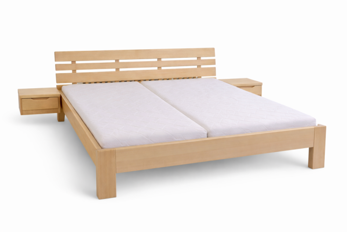 Ložnicový set Emily– postel Emily z masivního buku, úložný box pod postel, výklopný rošt Portoflex Kombi P pravý a levý, dvě matrace Dia Visco Hi a dva noční stolky Emily