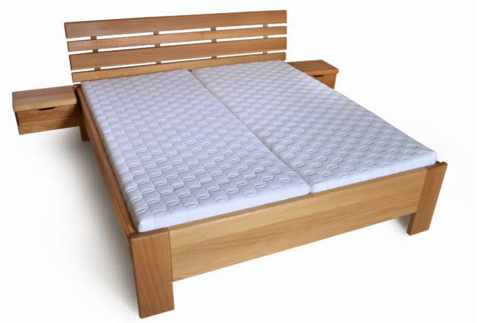 Ložnicový set Emily– postel Emily z masivního dubu nebo dubu rustikal, úložný box pod postel, výklopný rošt Portoflex Kombi P pravý a levý, dvě matrace Dia Visco Hi a dva noční stolky Emily